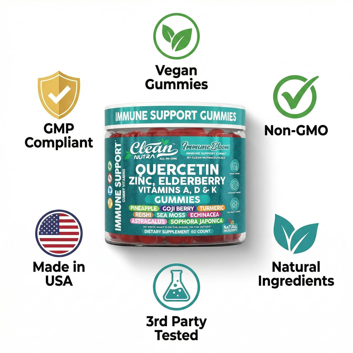 Gummies de quercétine et sureau sur un fond coloré