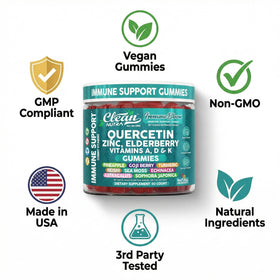 Gummies de quercétine et sureau sur un fond coloré
