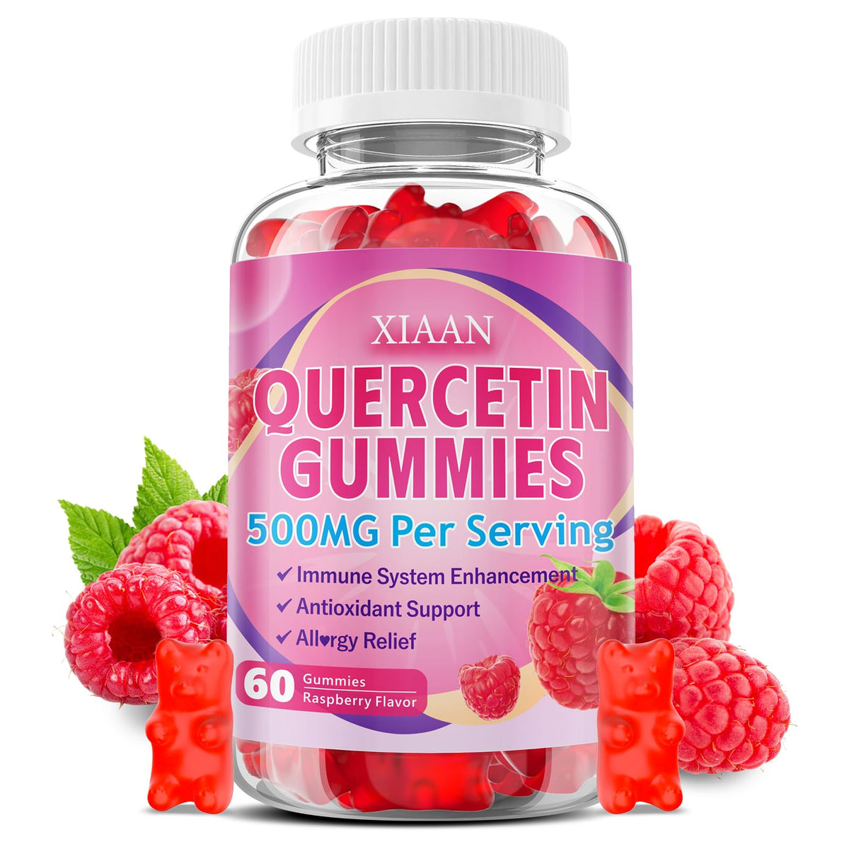 Gummies de quercétine XIAAN 500mg, 60 unités, vue de face