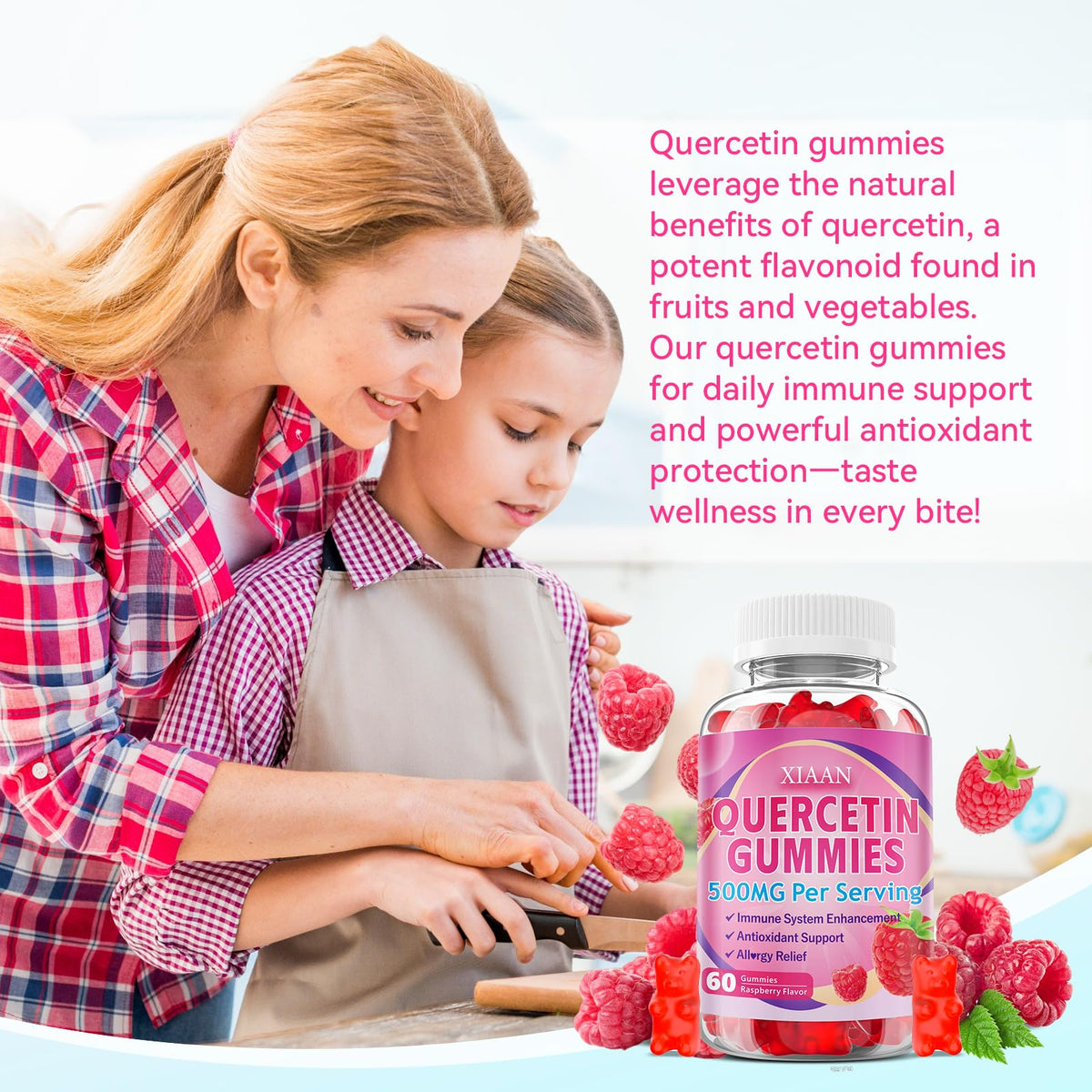 Gummies de quercétine XIAAN, présentation avec des fruits