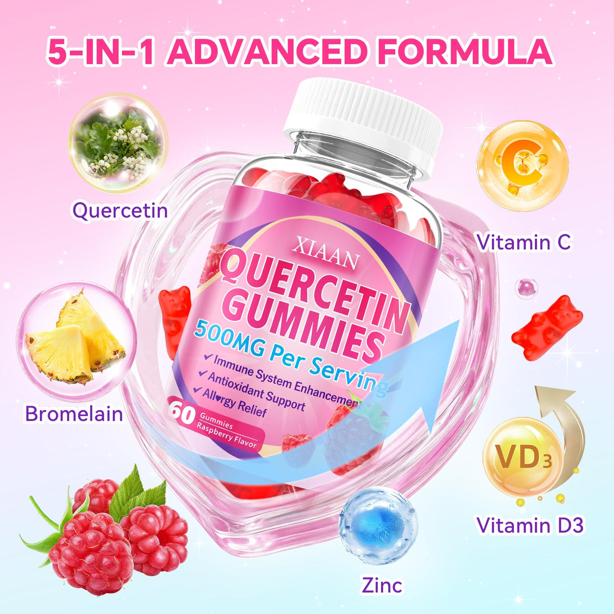Gummies de quercétine XIAAN sur une table, présentation