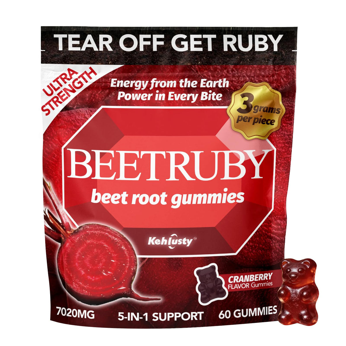 Gummies de racine de betterave KEHLUSTY 60 unités, vue de l'avant