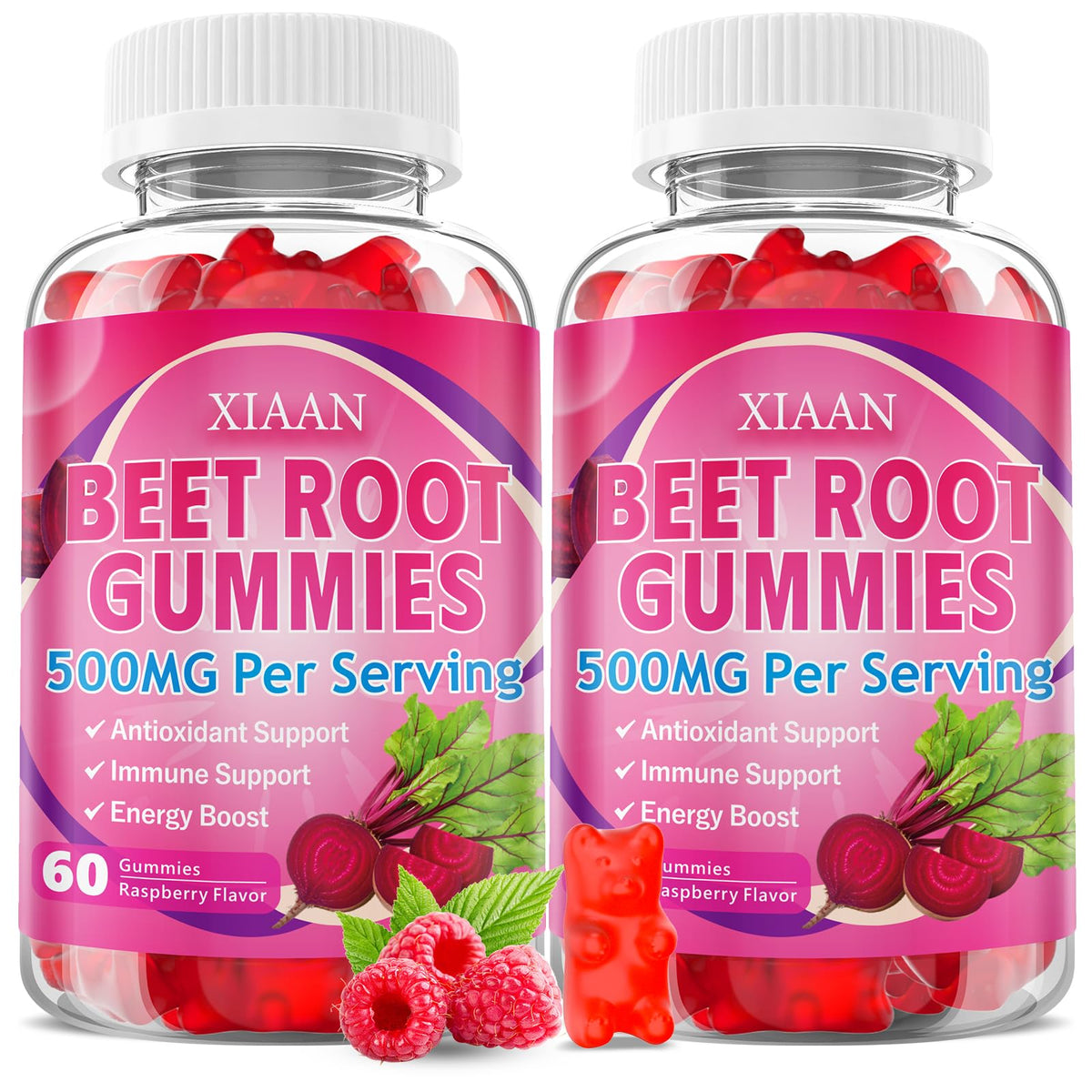 Gummies de racine de betterave XIAAN en pot de 120 comprimés, saveur framboise