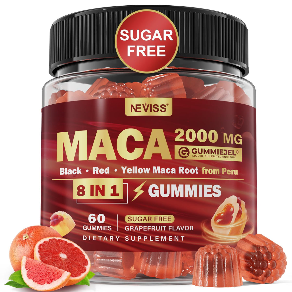 Gummies de racine de maca NEVISS en pot, vue de face
