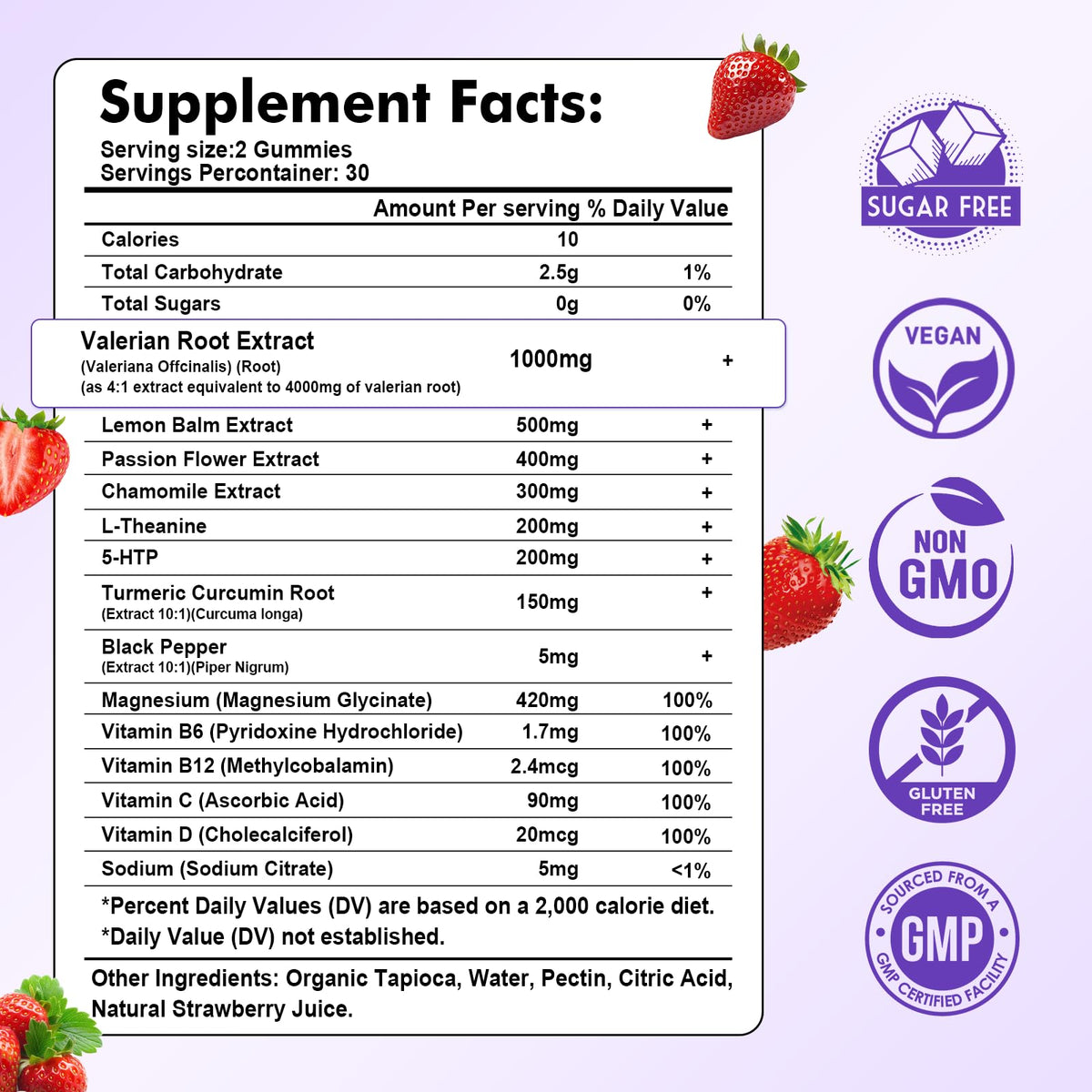 Gummies de racine de valériane bio Sijigood, vue de côté avec une pièce à côté
