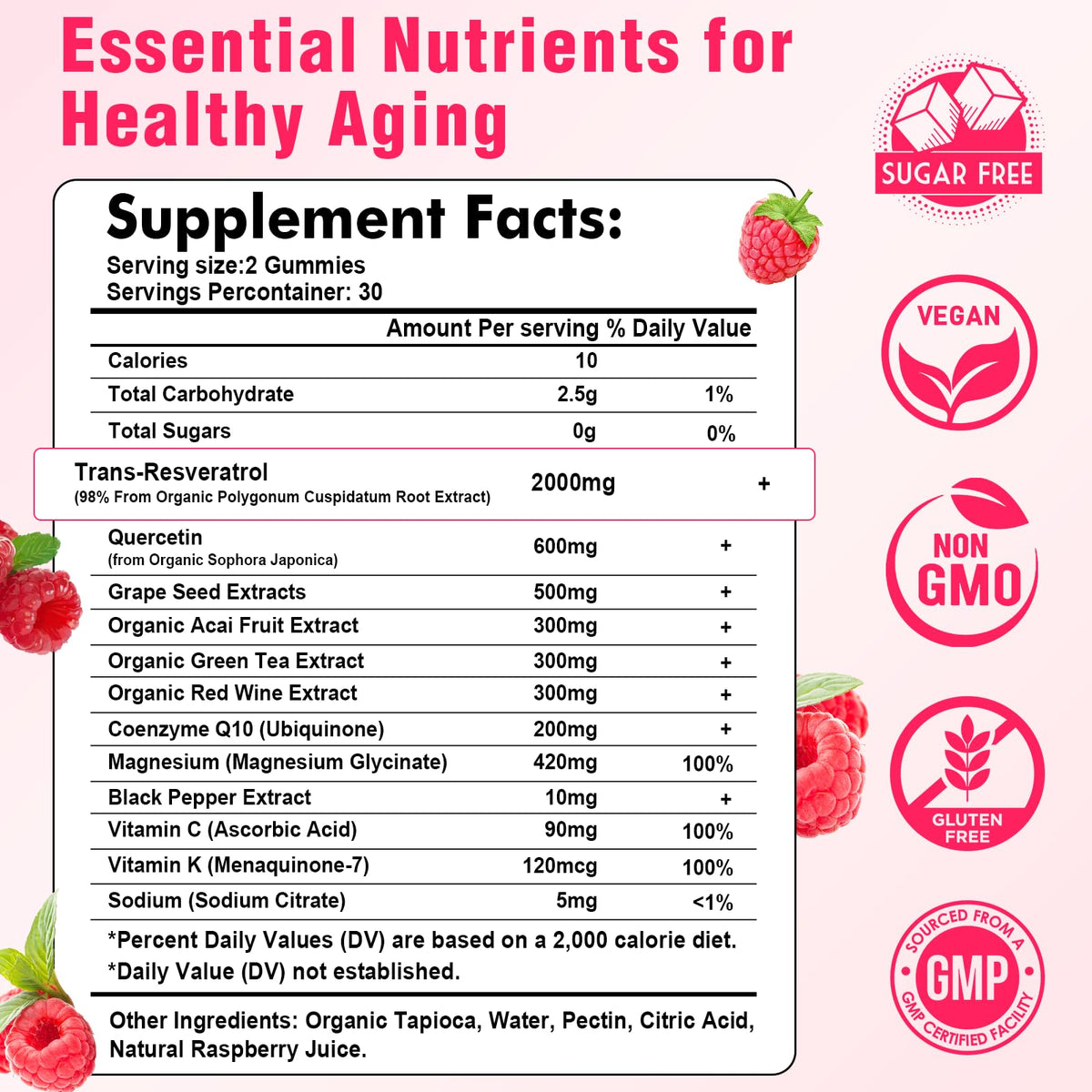 Gummies de resvératrol bio Sijigood avec des framboises fraîches