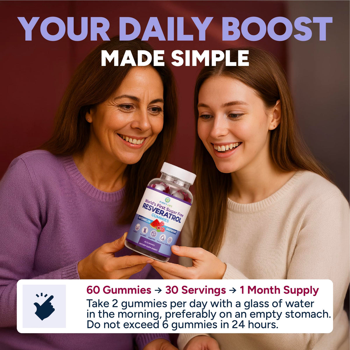Gummies de resvératrol Purify Life avec un fond de fruits frais