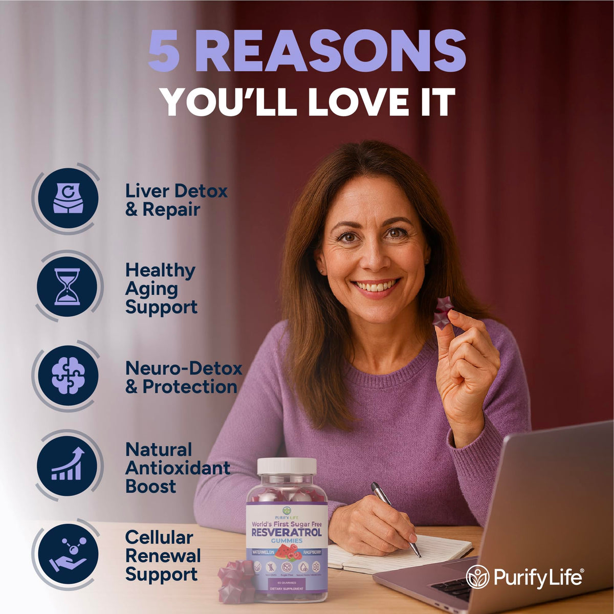 Gummies de resvératrol Purify Life avec une main tenant un bonbon