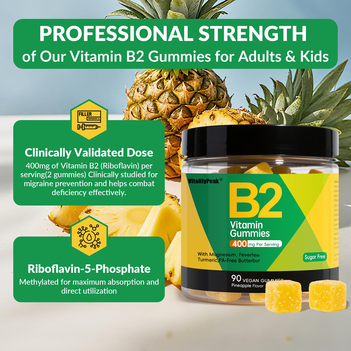 Gummies de riboflavine VitalityPeak 400mg avec un fond de fruits