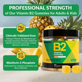 Gummies de riboflavine VitalityPeak 400mg avec un fond de fruits