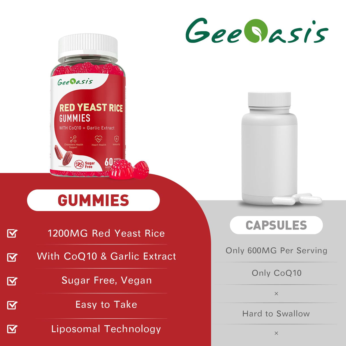 Gummies de riz rouge sur une table en bois, présentation