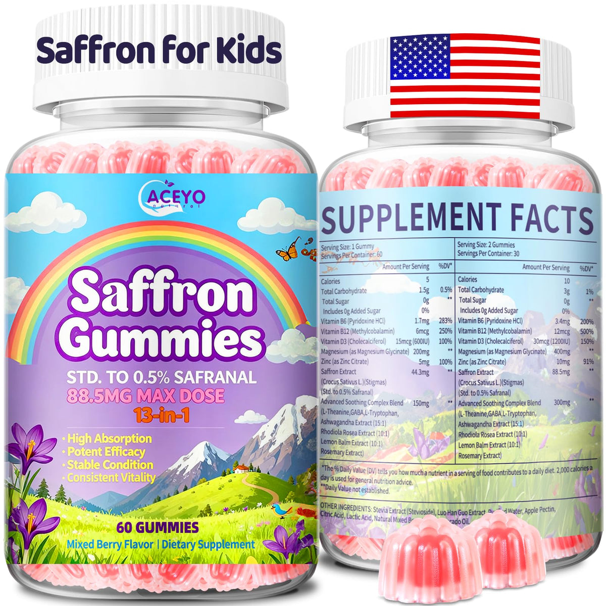 Gummies de Safran ACEYO 222g flacon avec étiquette colorée