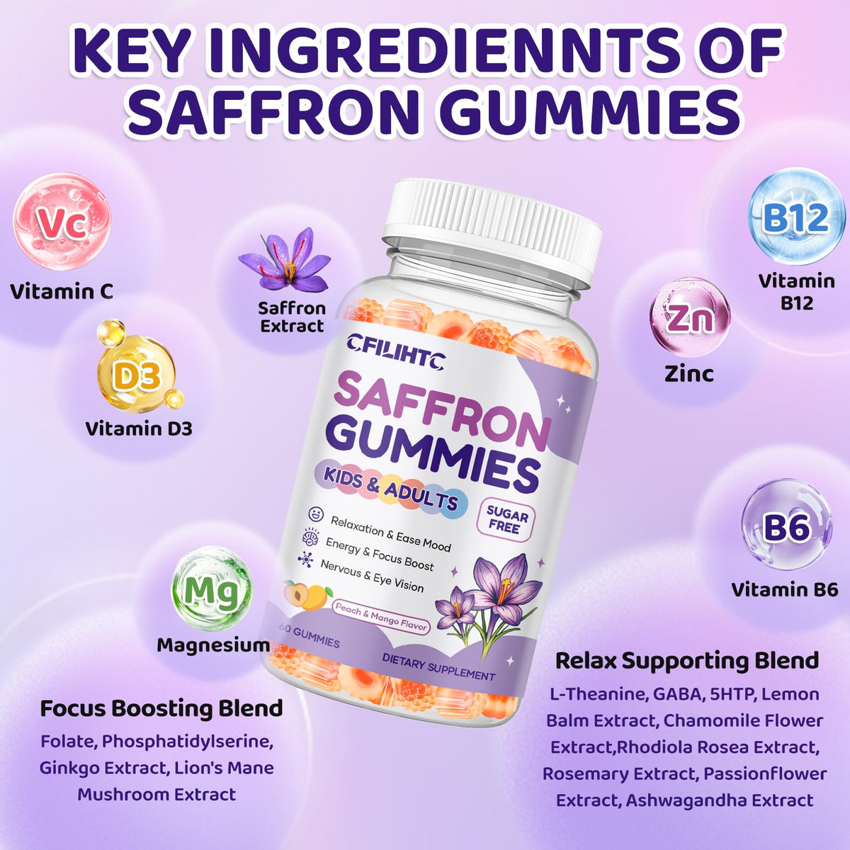 Gummies de Safran CFILIHTC, ingrédients naturels sur fond blanc