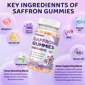 Gummies de Safran CFILIHTC, ingrédients naturels sur fond blanc