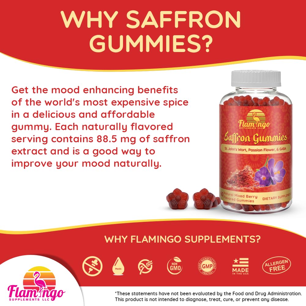 Gummies de safran Flamingo Supplements dans un bol sur une table