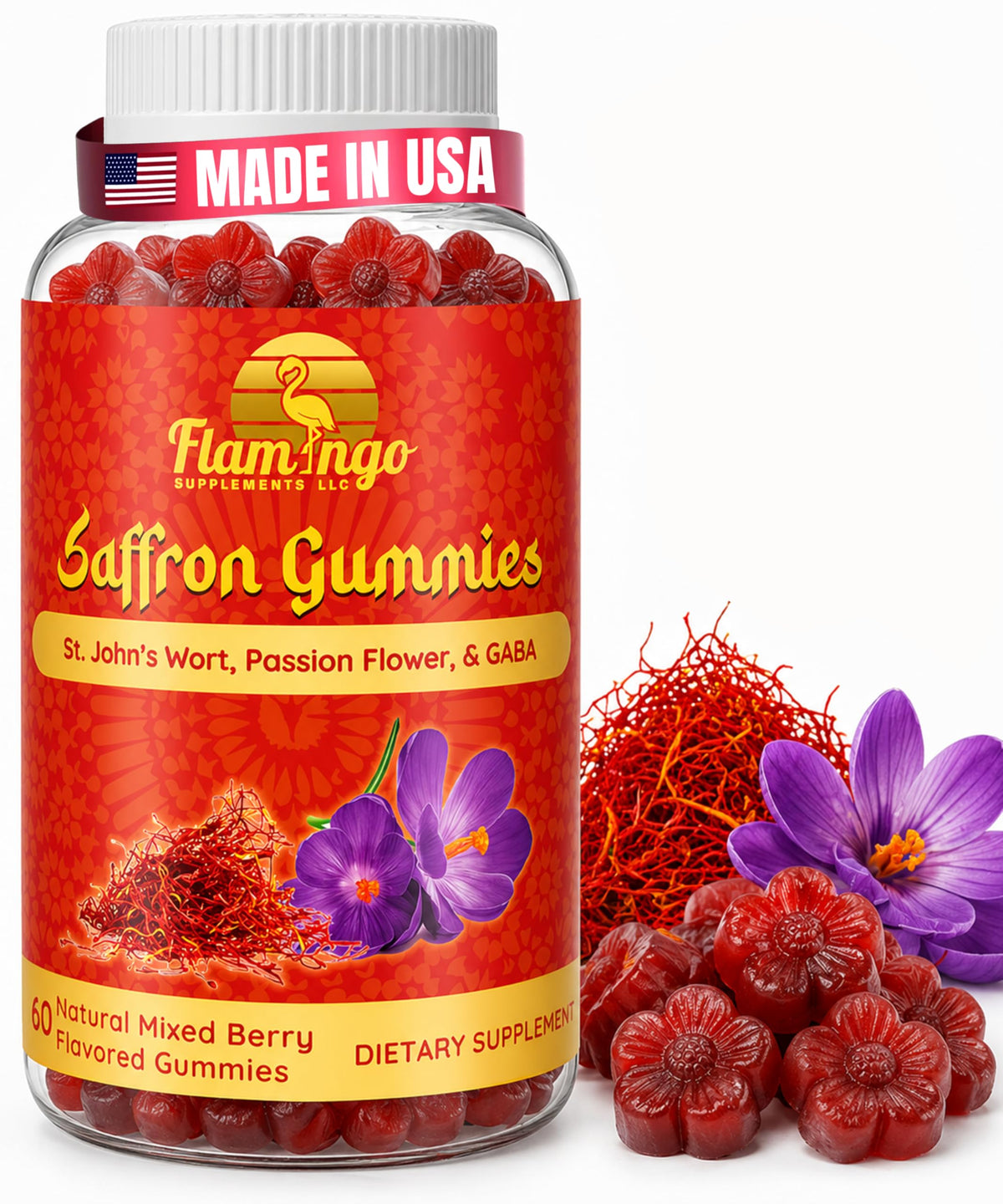 Gummies de Safran Flamingo Supplements en vue de face, emballage à la pomme