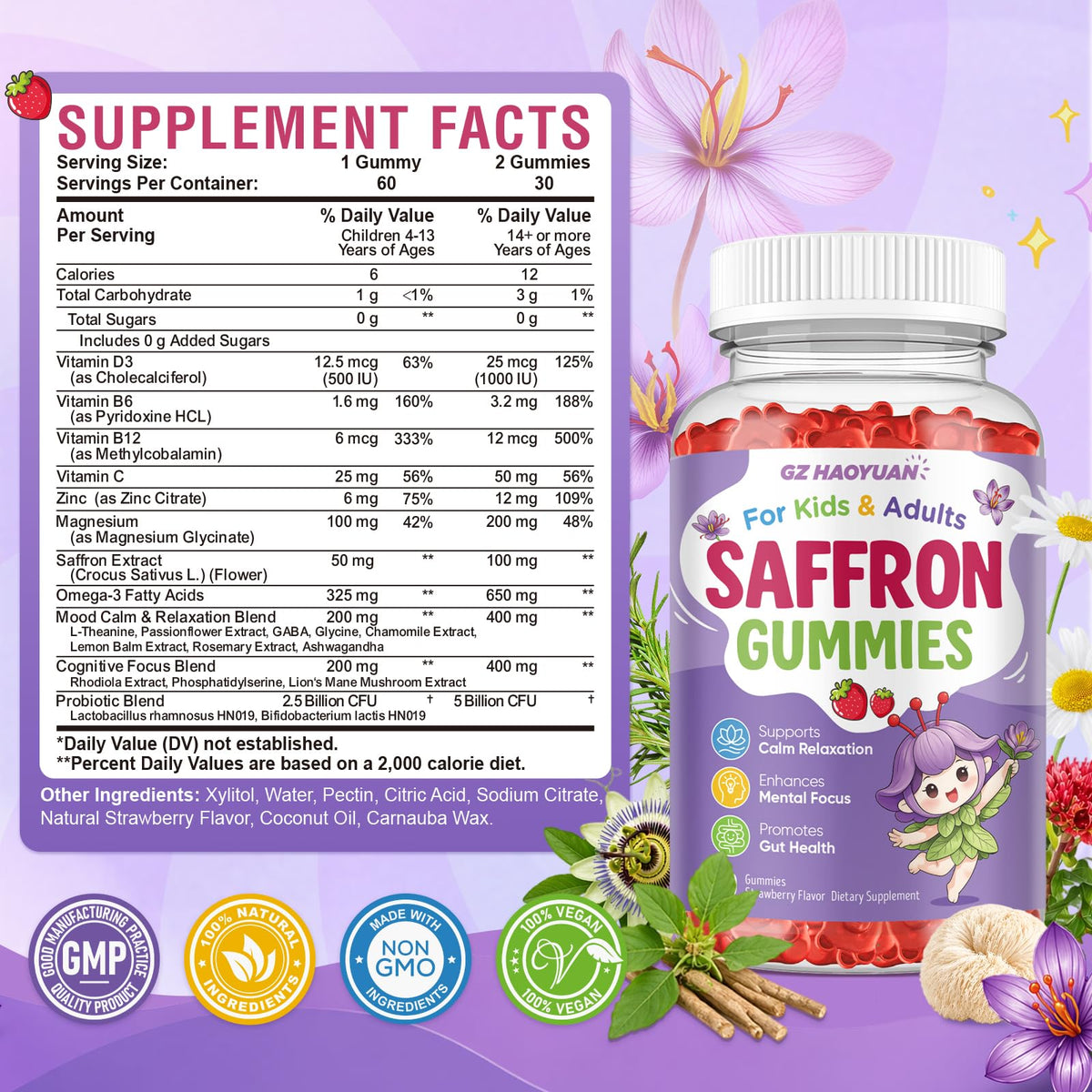 Gummies de Safran GZ HAOYUAN 100mg, emballage et contenu