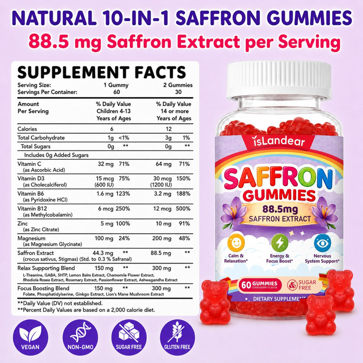 Gummies de safran isLandear montrant la texture et le goût de fraise