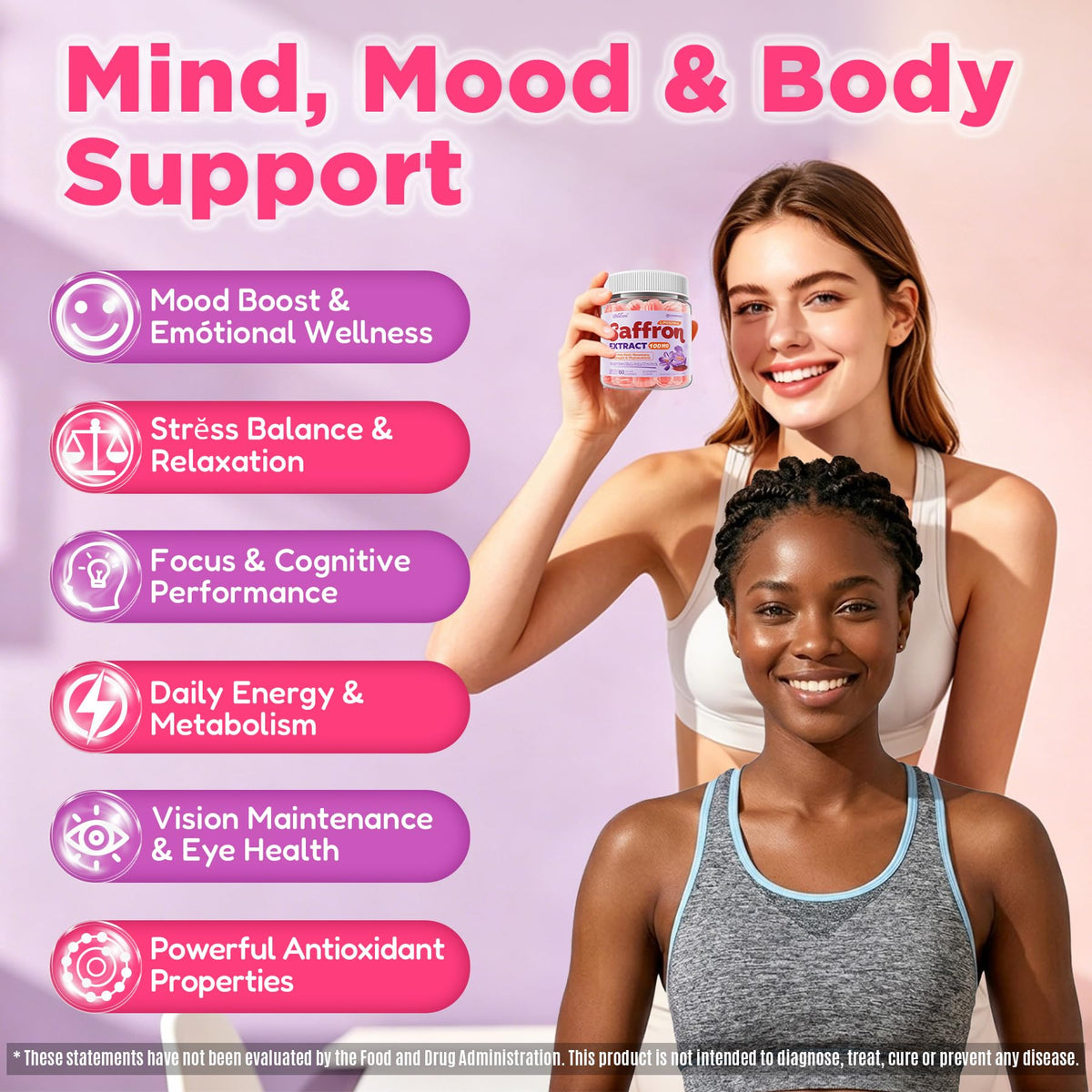 Gummies de Safran Liposomal 100mg avec magnésium glycinate sur fond blanc