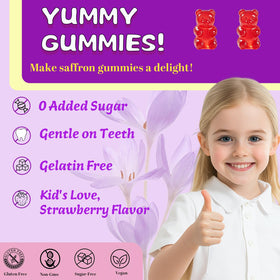 Gummies de safran Lofei 12-en-1, pot ouvert montrant les gummies