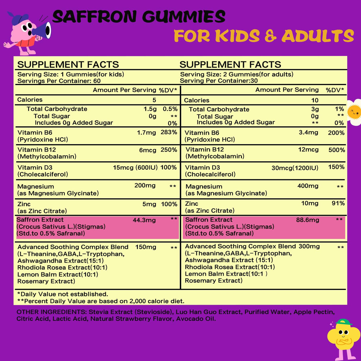 Gummies de safran Lofei 12-en-1, présentation avec fruits