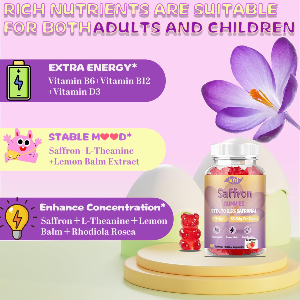Gummies de safran Lofei 12-en-1, prise de gummies dans une main