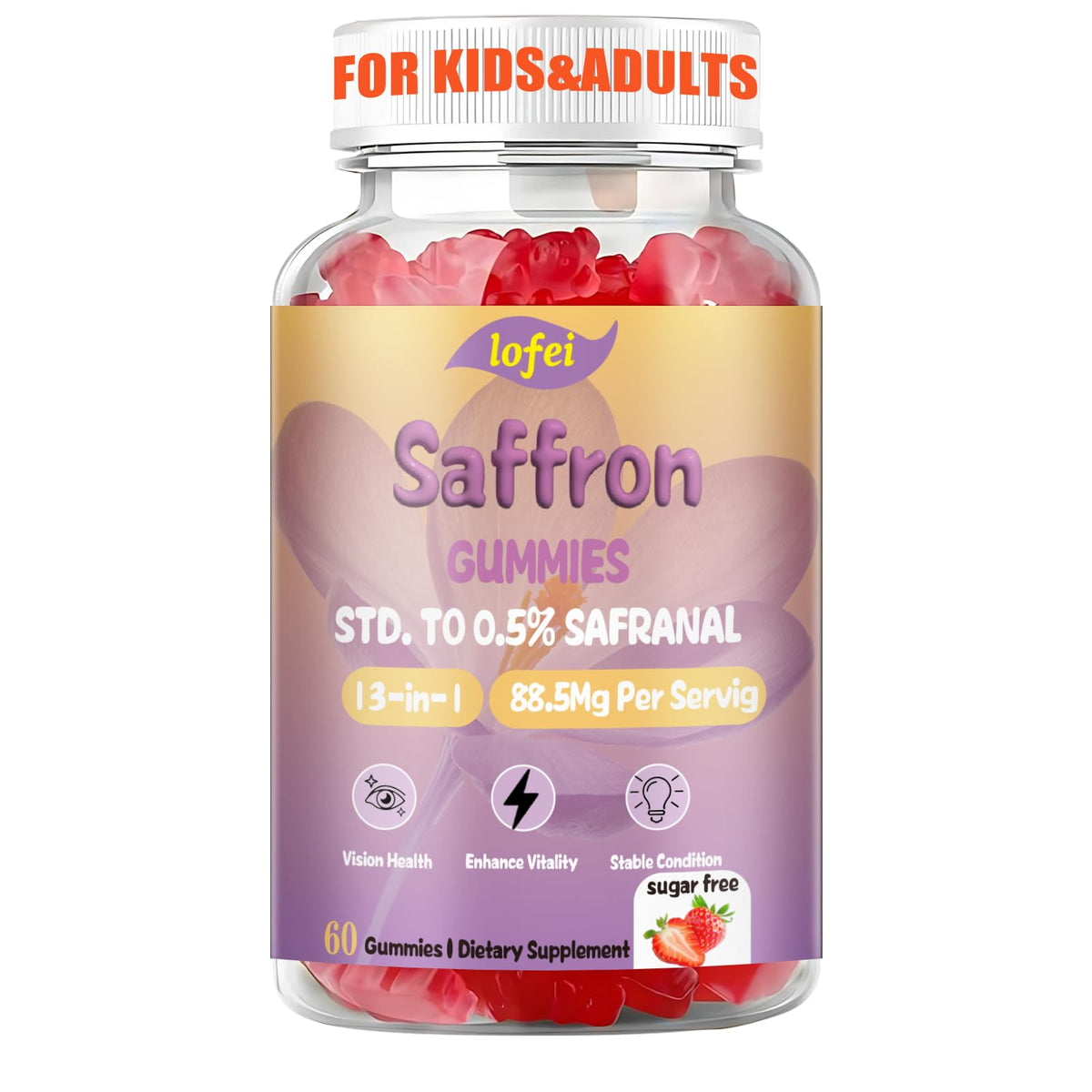 Gummies de safran Lofei 12-en-1, vue de face avec emballage