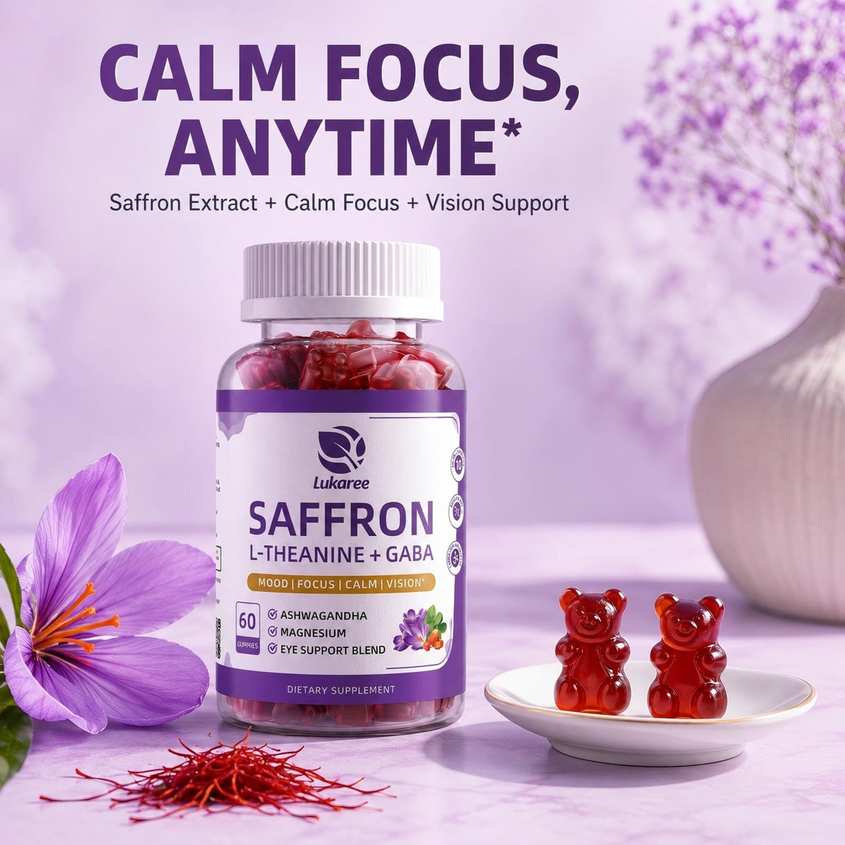 Gummies de safran Lukaree sur un fond de bureau