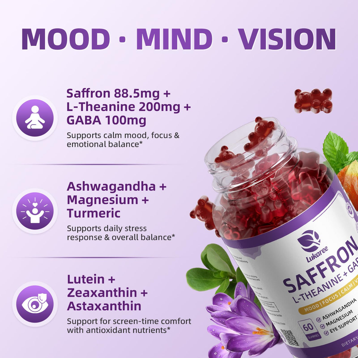 Gummies de safran Lukaree sur une table en bois
