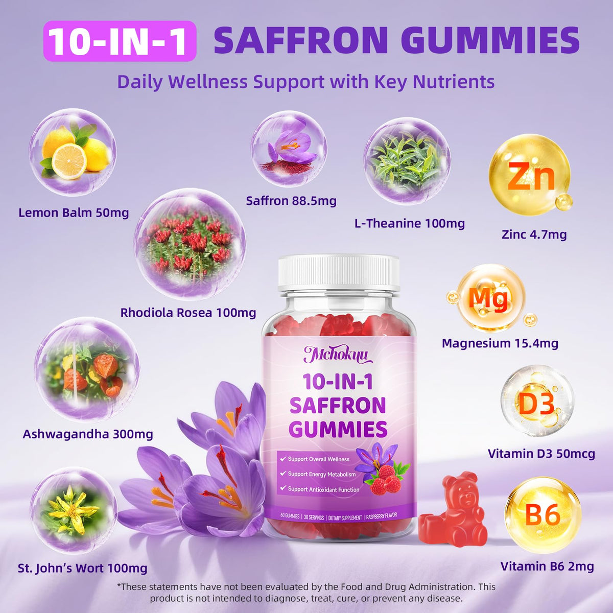 Gummies de Safran Mchokuu montrant la taille des comprimés