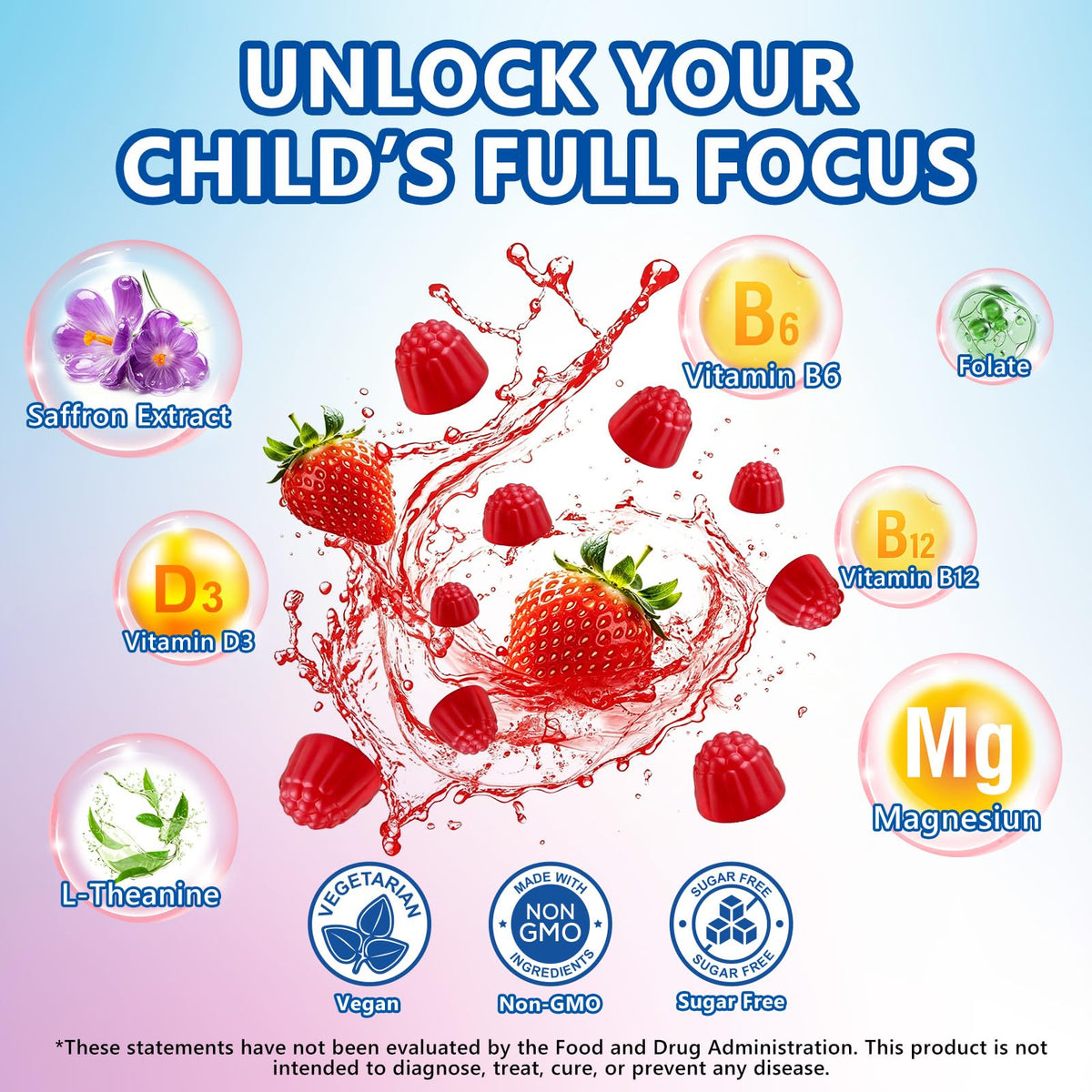 Gummies de Safran SEPT YAN, présentation avec des fraises fraîches