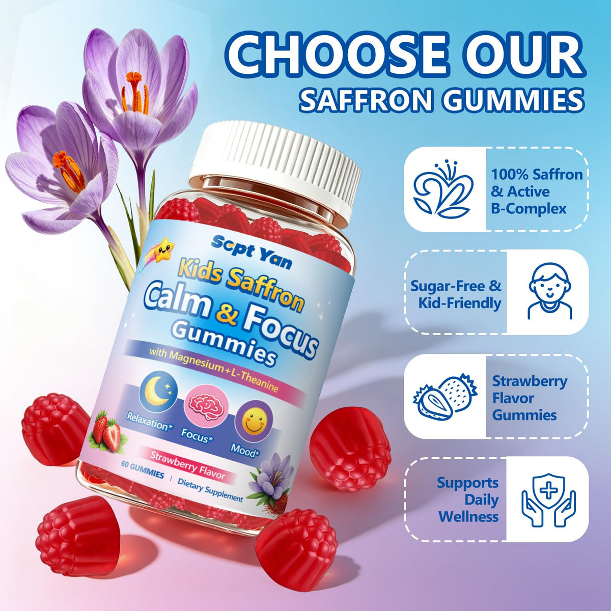 Gummies de Safran SEPT YAN, saveur fraise, en gros plan