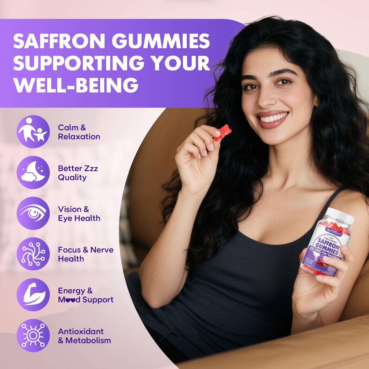 Gummies de Safran softbear 10-en-1 avec fraises en arrière-plan