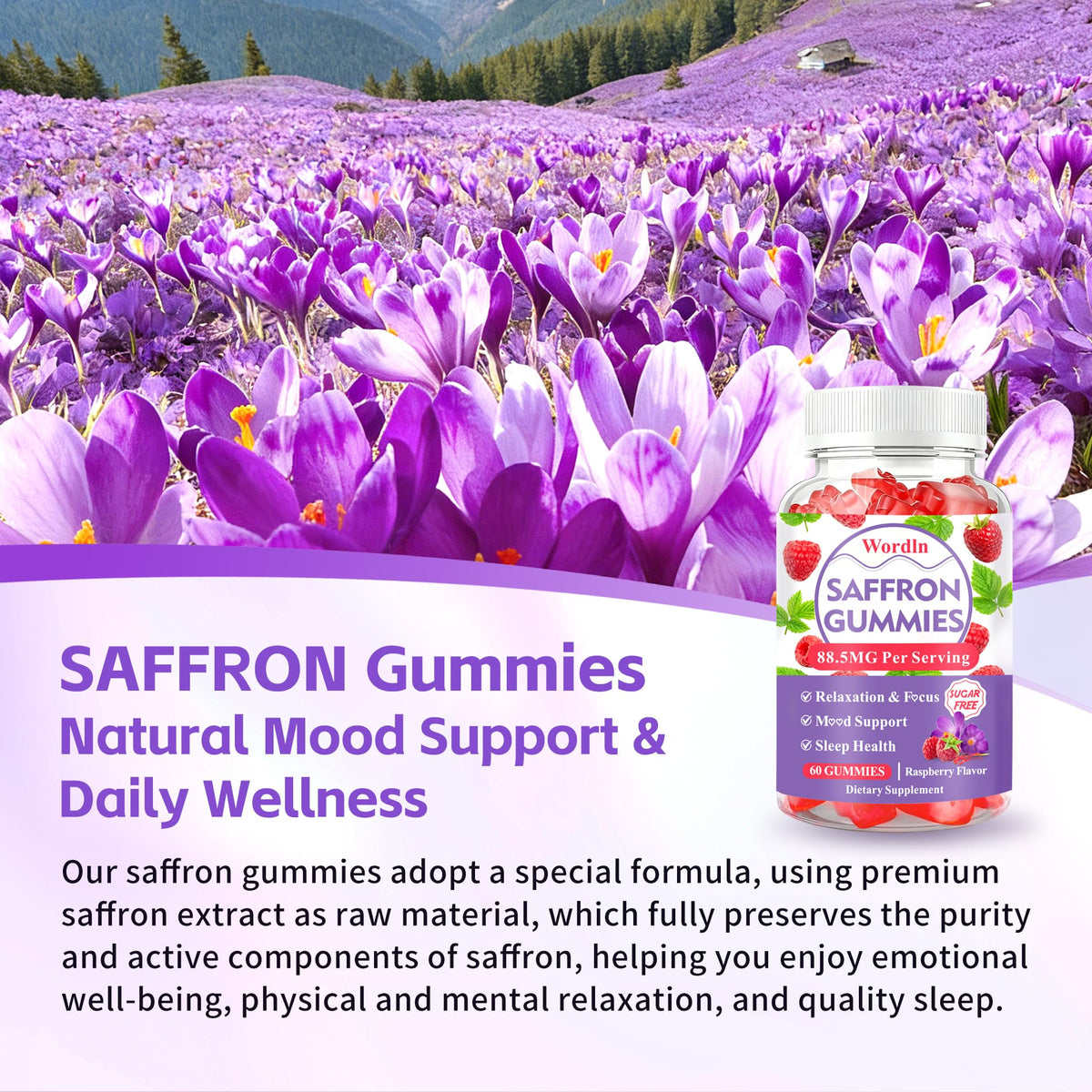 Gummies de safran Wordln avec des ingrédients naturels en arrière-plan