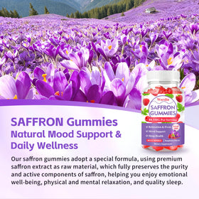 Gummies de safran Wordln avec des ingrédients naturels en arrière-plan