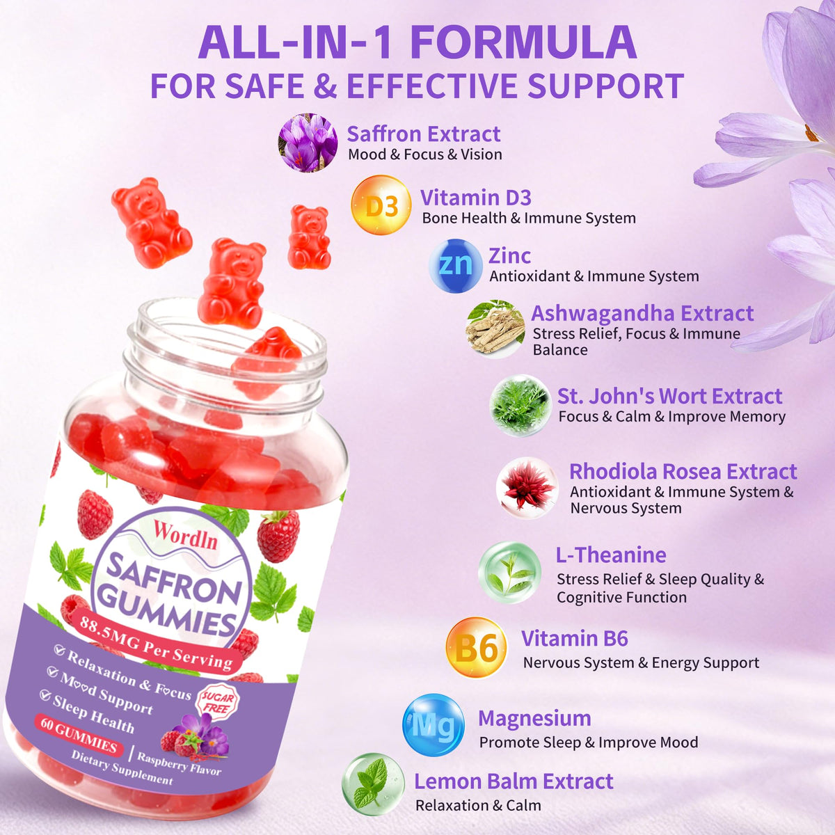 Gummies de safran Wordln sur une table avec quelques gummies en avant-plan