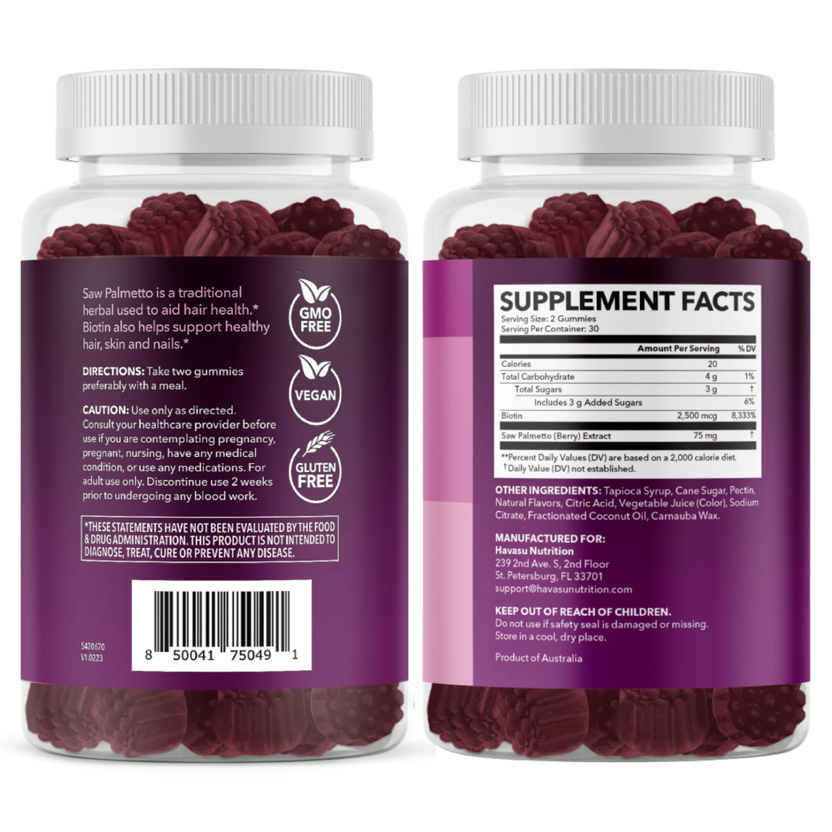 Gummies de Saw Palmetto HAVASU NUTRITION, mise en scène avec des fruits