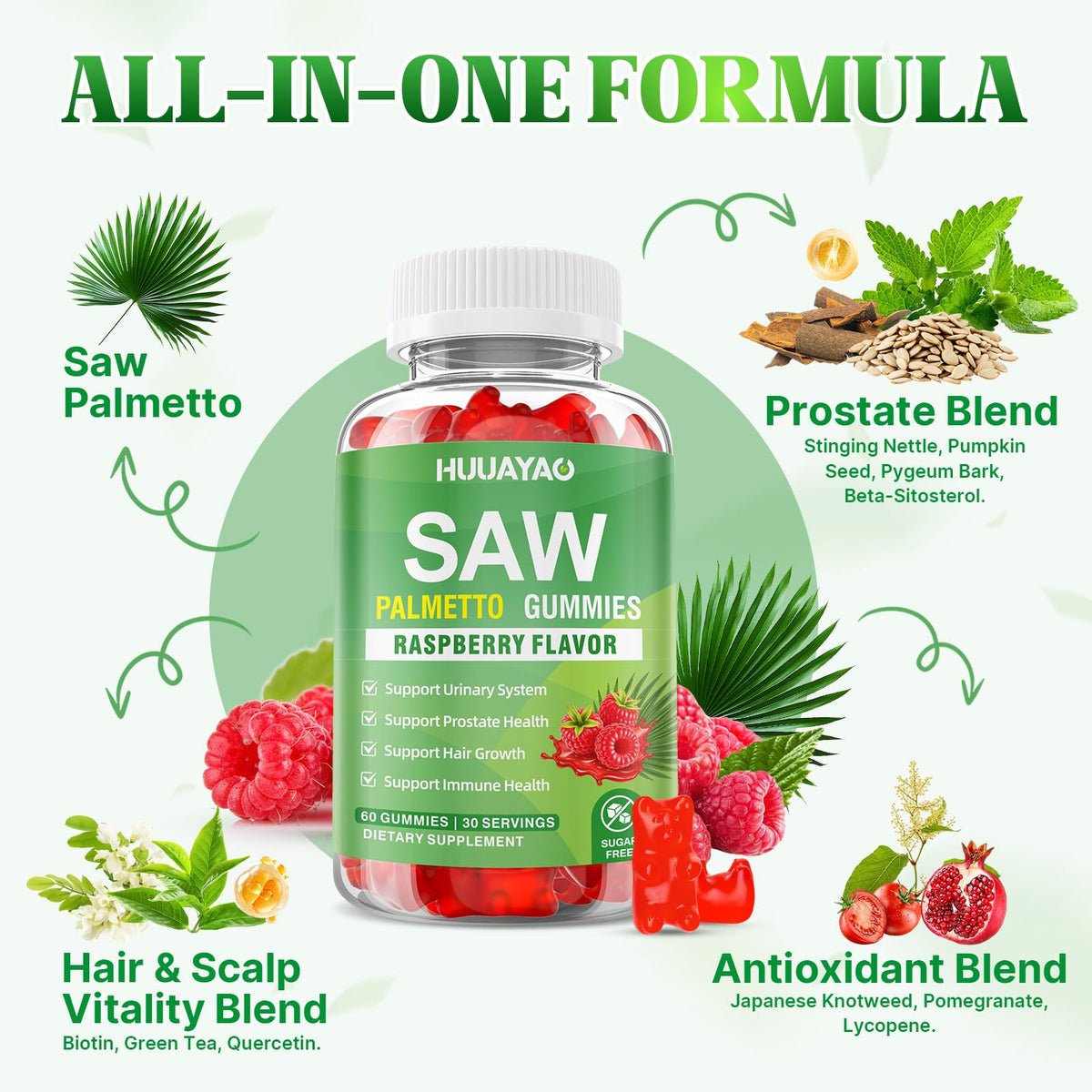 Gummies de Saw Palmetto HUUAYAO sur une table avec des fruits