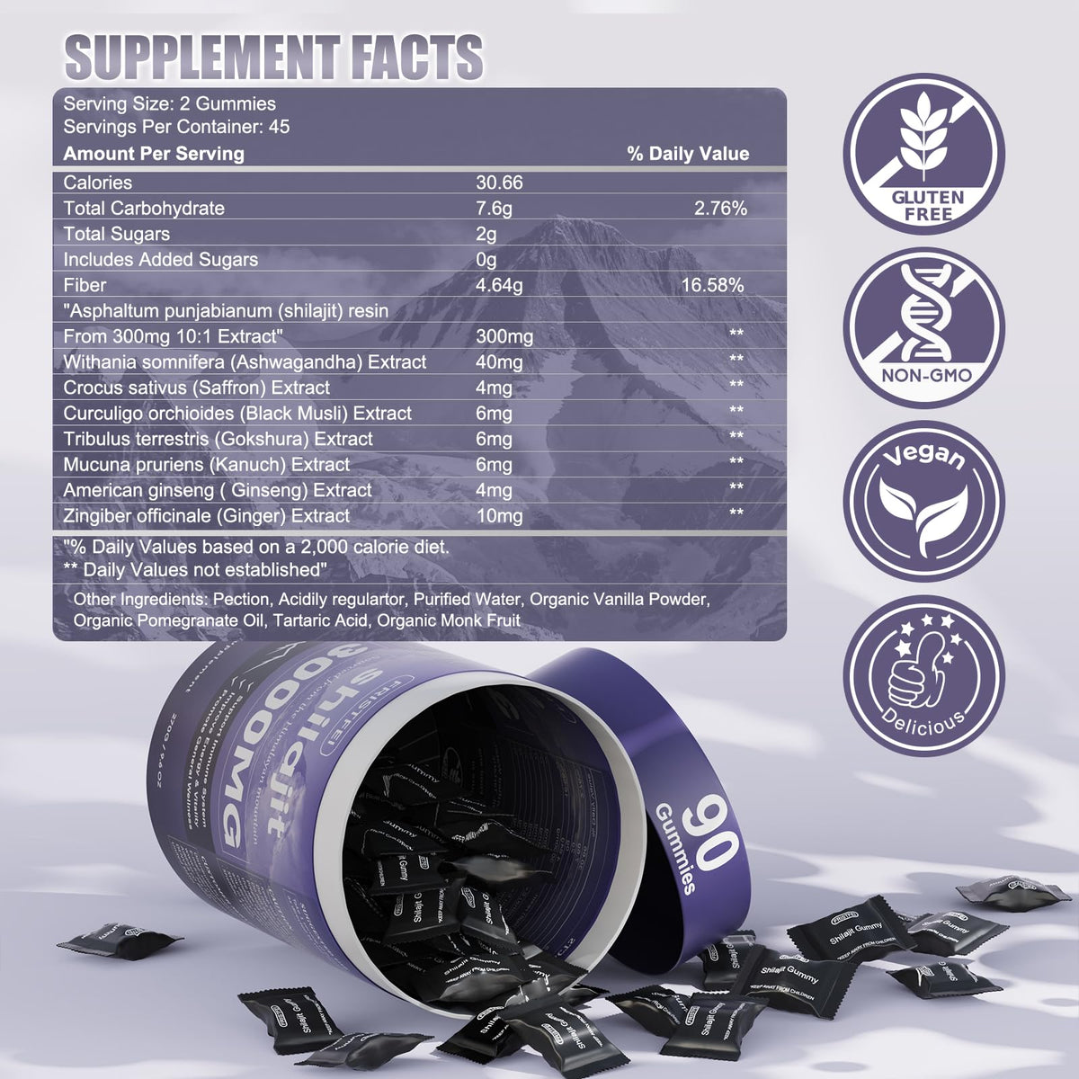 Gummies de shilajit Fristfei montrant la texture et la couleur