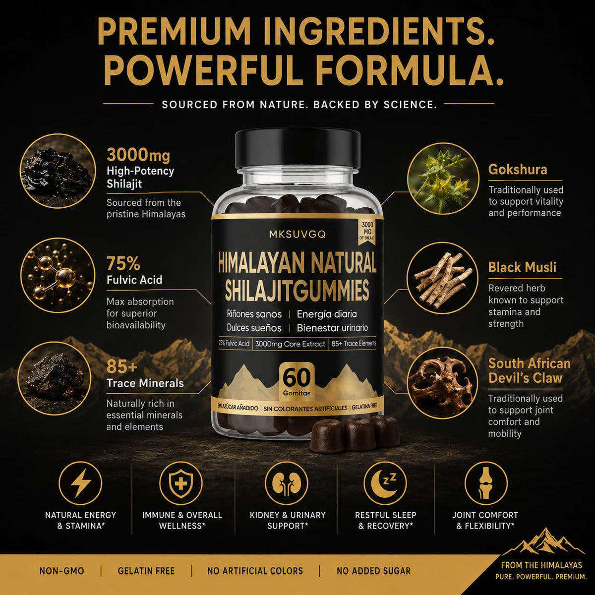 Gummies de Shilajit MKSUVGQ présentés sur une surface en bois
