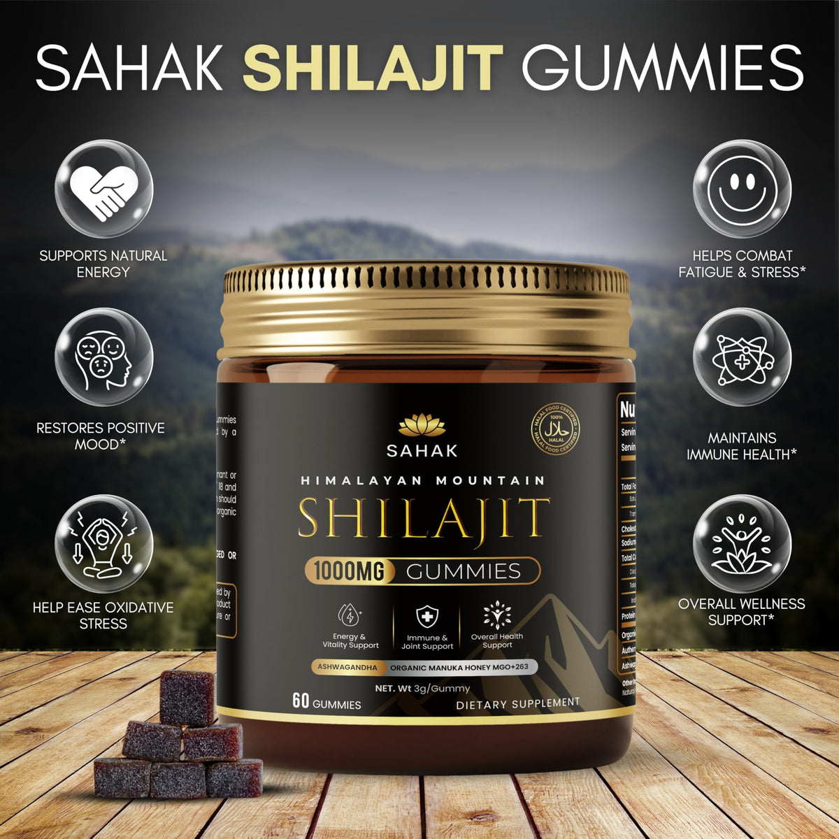 Gummies de Shilajit SAHAK sur une table
