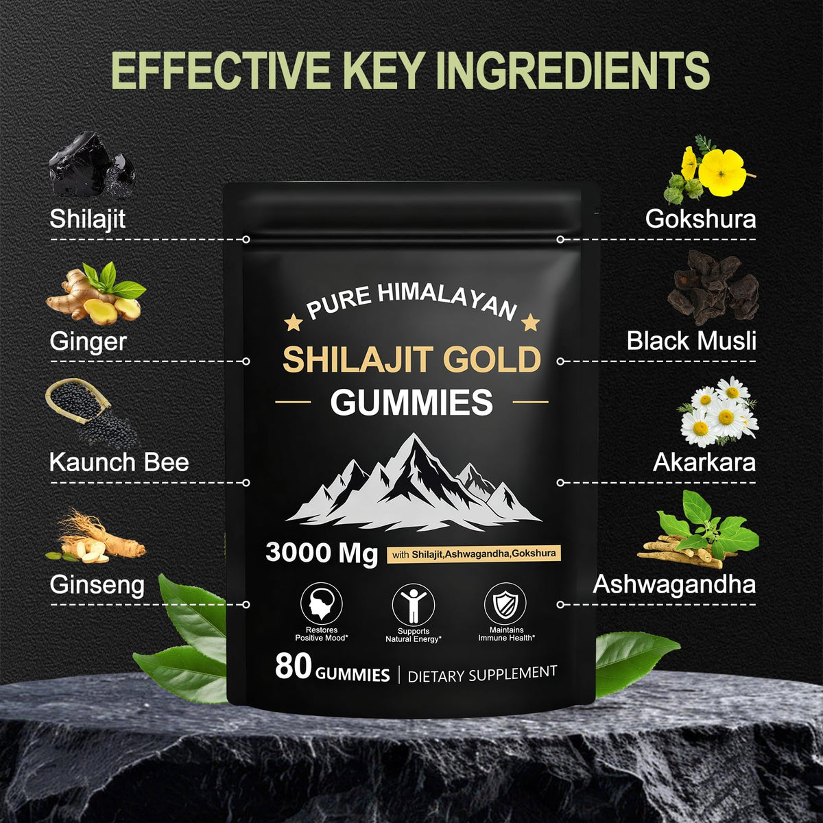 Gummies de Shilajit Tideon 80 Gummies montrant la texture et la couleur
