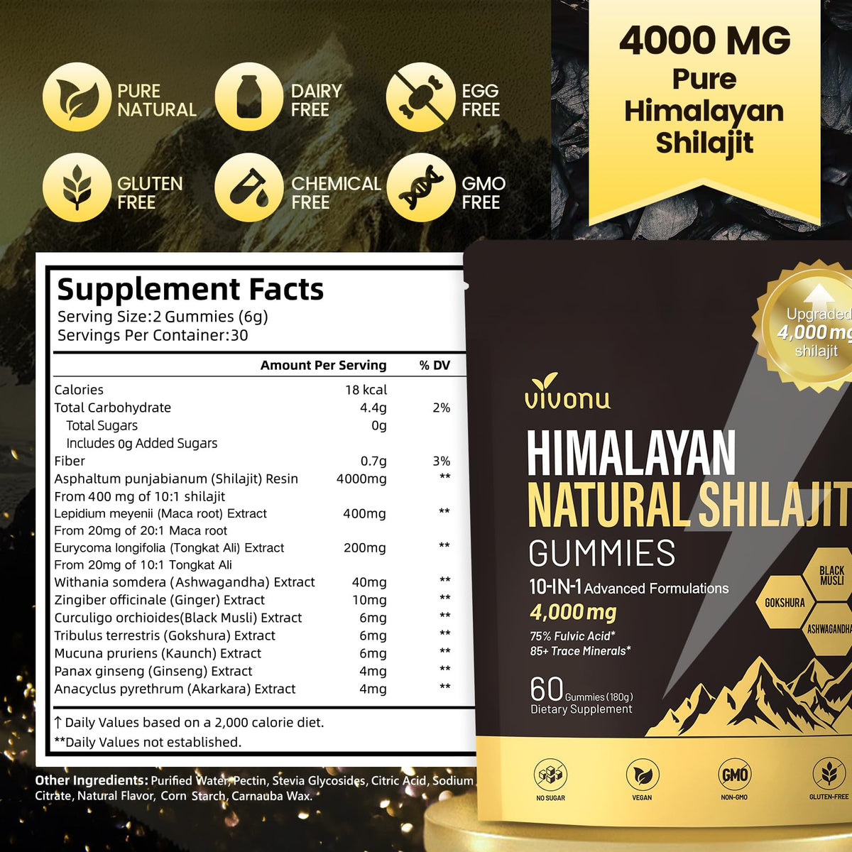 Gummies de Shilajit VivoNu exposées sur un fond en bois