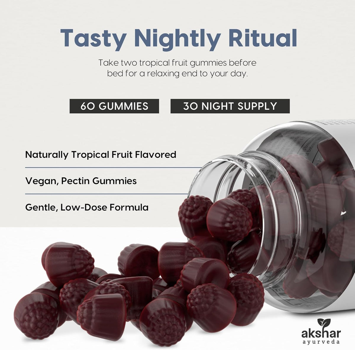 Gummies de Sommeil AKSHAR avec ingrédients naturels en arrière-plan