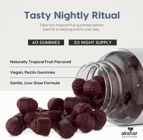Gummies de Sommeil AKSHAR avec ingrédients naturels en arrière-plan