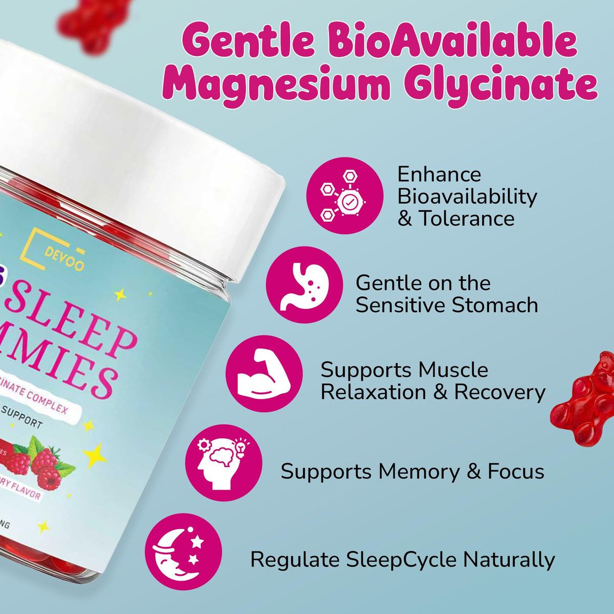 Gummies de sommeil Devoo, vue de côté montrant les gummies