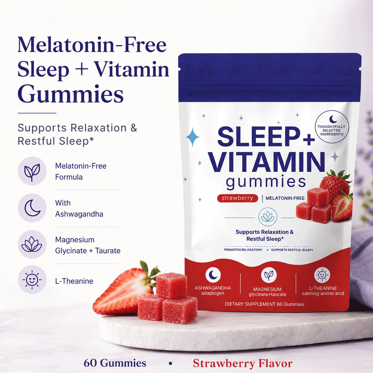 Gummies de sommeil Dvloge avec une portion de 2 gummies sur une table