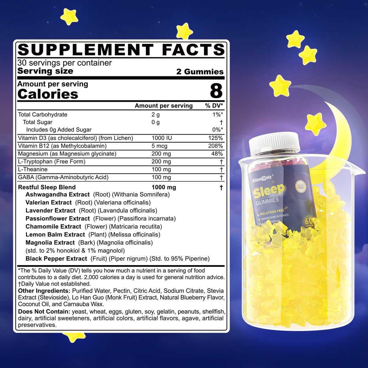 Gummies de sommeil ELLAMENTZ saveur myrtille avec ingrédients
