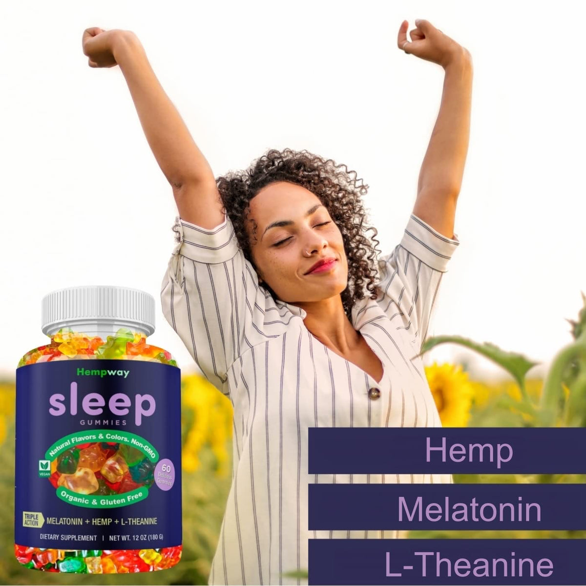 Gummies de Sommeil HEMPWAY avec des ingrédients naturels en arrière-plan