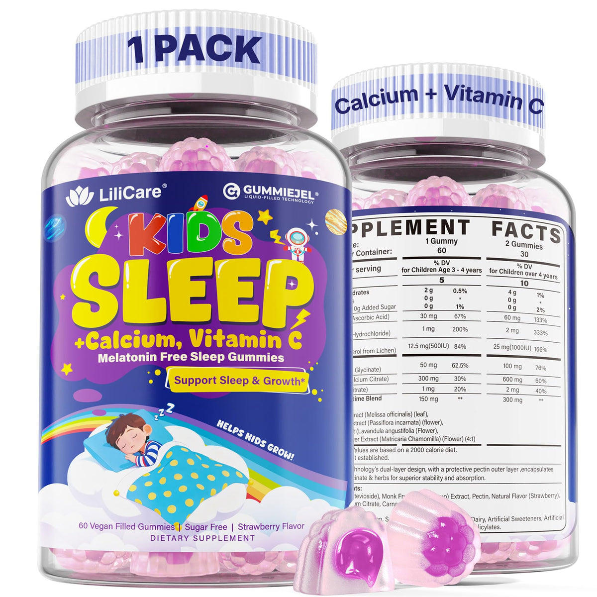 Gummies de sommeil LILICARE pour enfants 60ct, pot ouvert